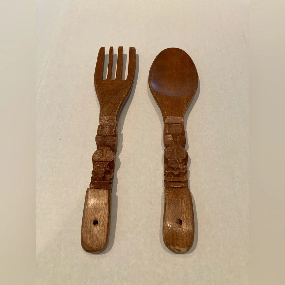 Vintage MCM Large Wooden Spoon and Fork Wall Hanging Tiki Totem Decor Lot of 4